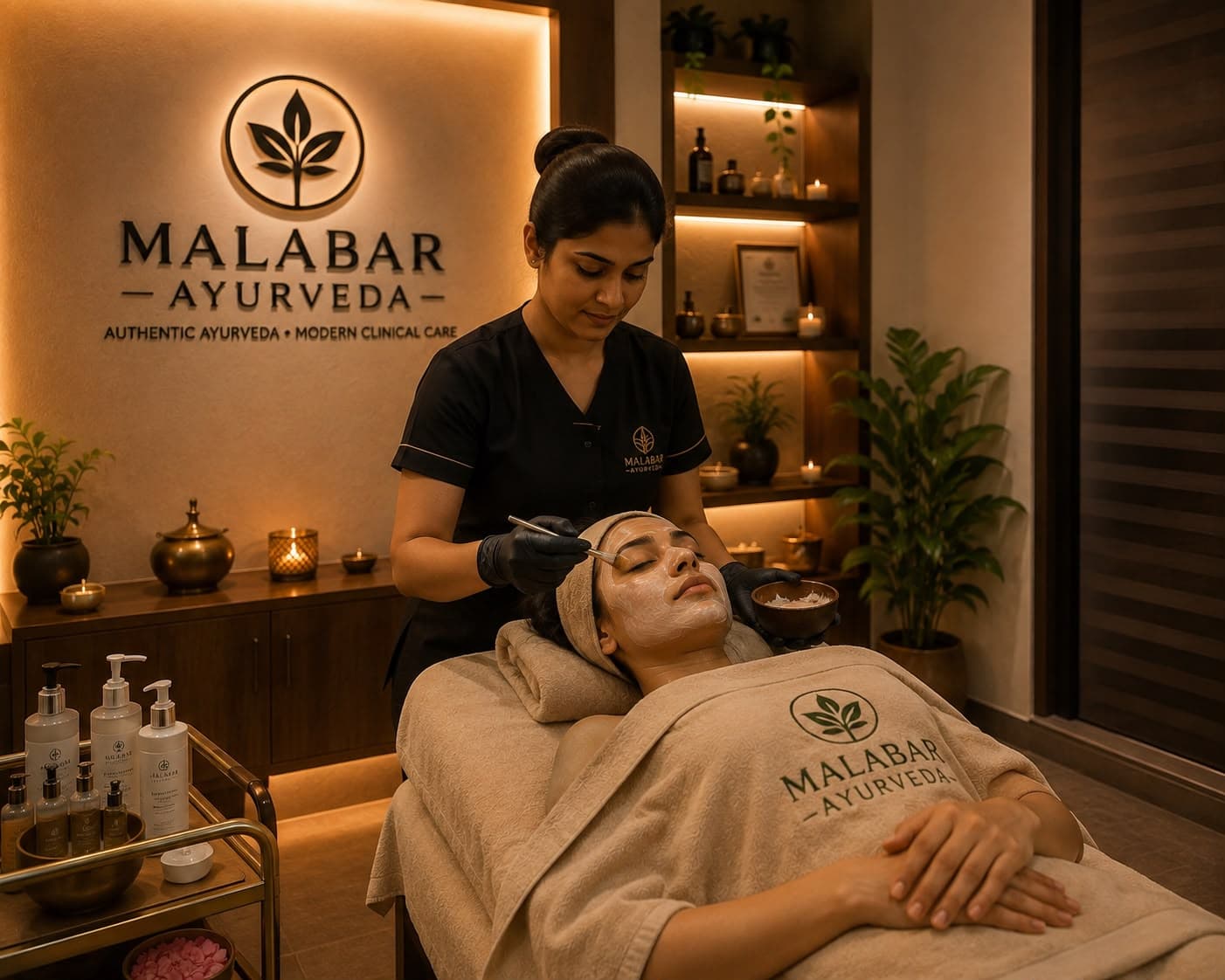 Clinical, Ayurveda-based facial skincare treatment in a professional setting